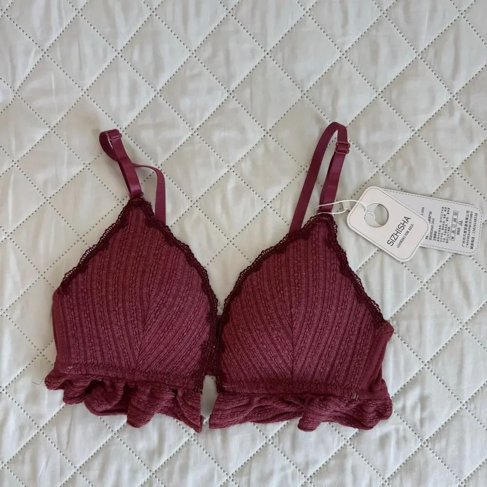 NWT Sizhisha Lace Bralette Wireless Triangle Bra Burgundy Wine Red Size 75B /34B